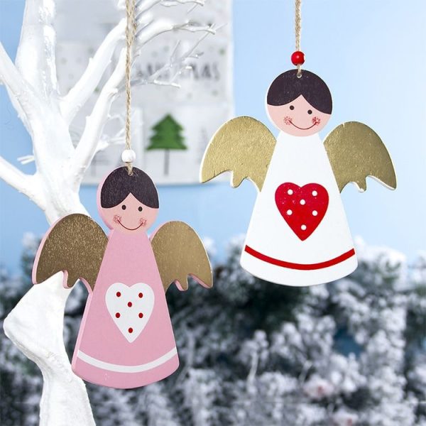 SD321 2 PCS Christmas Decoration Wooden Love Angel Christmas Pendant Creative Painted Christmas Tree Decoration (Pink White Love) - Image 5