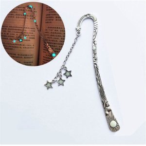 Luminous Sun Moon Star Bookmark Retro Pentagram Glowing Metal Bookmark (Ancient Silver Stars)