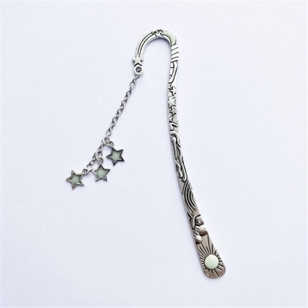 Luminous Sun Moon Star Bookmark Retro Pentagram Glowing Metal Bookmark (Ancient Silver Stars) - Image 3