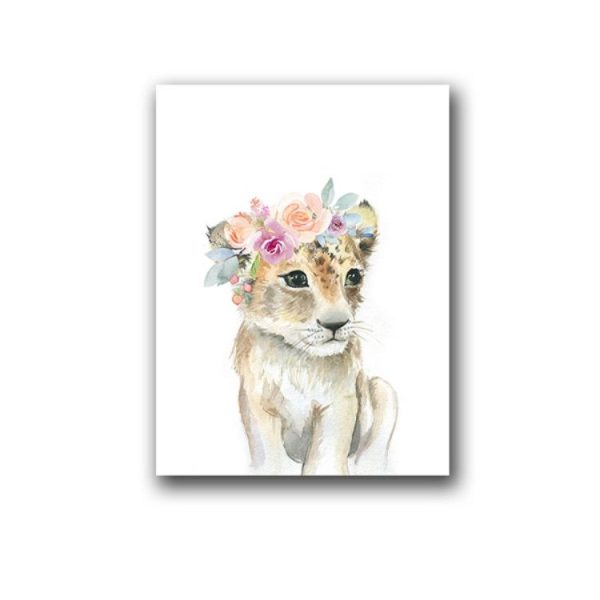 Children Room Decoration Painting Cute Animal Head with Flower Frameless Painting Core, Size: 10x15cm (Leopard)