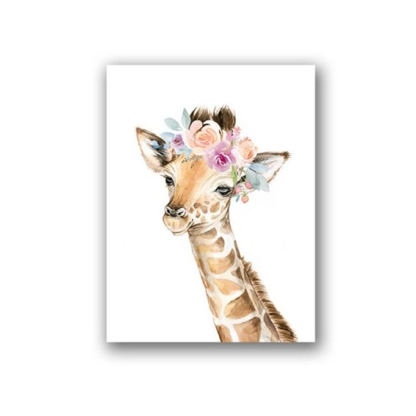 Children Room Decoration Painting Cute Animal Head with Flower Frameless Painting Core, Size: 13x18cm (Giraffe)
