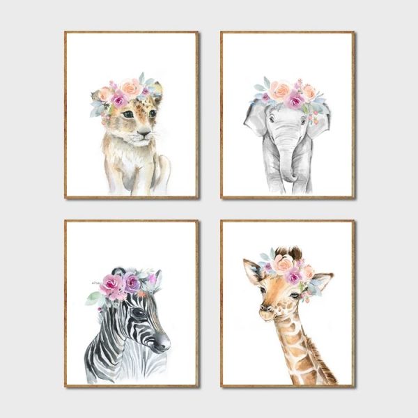 Children Room Decoration Painting Cute Animal Head with Flower Frameless Painting Core, Size: 13x18cm (Giraffe) - Image 3