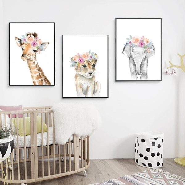 Children Room Decoration Painting Cute Animal Head with Flower Frameless Painting Core, Size: 13x18cm (Giraffe) - Image 4