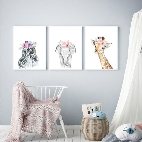 Children Room Decoration Painting Cute Animal Head with Flower Frameless Painting Core, Size: 20x25cm (Elephant) - Image 5