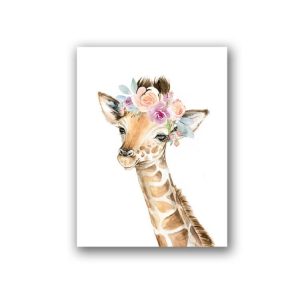 Children Room Decoration Painting Cute Animal Head with Flower Frameless Painting Core, Size: 30x40cm (Giraffe)