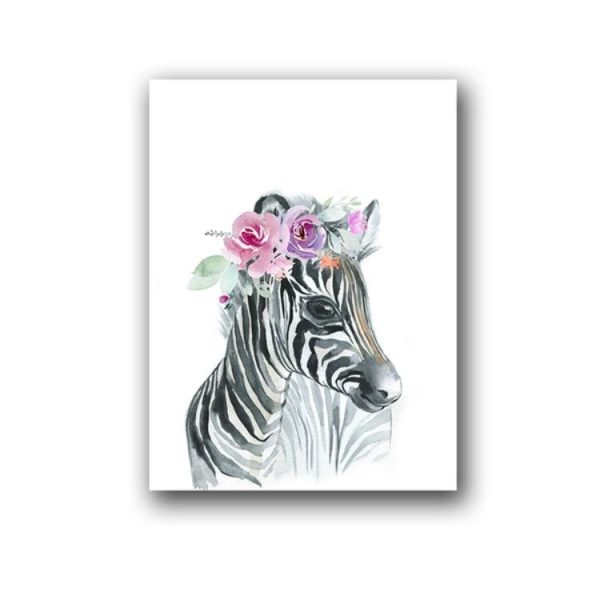 Children Room Decoration Painting Cute Animal Head with Flower Frameless Painting Core, Size: 50x70cm (Zebra) - Image 2