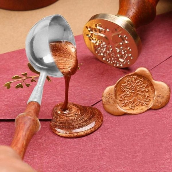 Wooden Handle Brass Seal Wax Spoon Tool Melting Sealing Wax Hand Account Stainless Steel Fire Paint Spoon, Color: Rose Gold Spoon - Image 4