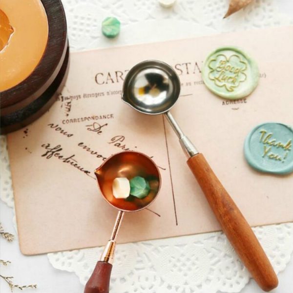 Wooden Handle Brass Seal Wax Spoon Tool Melting Sealing Wax Hand Account Stainless Steel Fire Paint Spoon, Color: Straight Round Wooden Spoon - Image 4