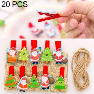 2 Sets Christmas Wooden Clip Photo Clip Cute Cartoon Color Clip Photo Wall Clip with Hemp Rope Santa Claus and Christmas Tree