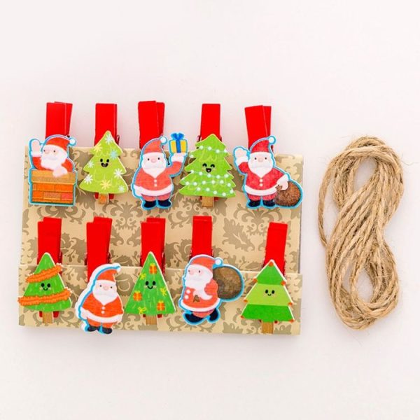 2 Sets Christmas Wooden Clip Photo Clip Cute Cartoon Color Clip Photo Wall Clip with Hemp Rope Santa Claus and Christmas Tree - Image 2