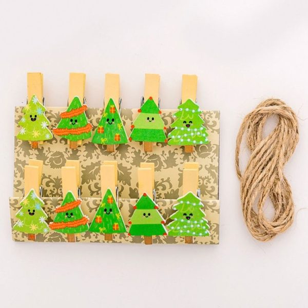 2 Sets Christmas Wooden Clip Photo Clip Cute Cartoon Color Clip Photo Wall Clip with Hemp Rope Christmas Tree - Image 2