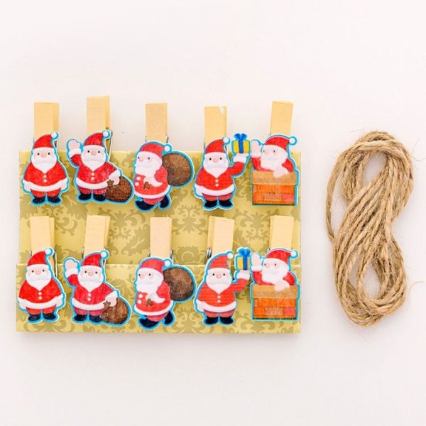 2 Sets Christmas Wooden Clip Photo Clip Cute Cartoon Color Clip Photo Wall Clip with Hemp Rope Santa Claus - Image 2