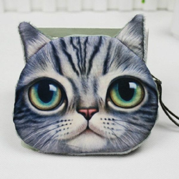 3D Cat Face Animal Change Money Bag Fashion Cute Small Zipper Bag (Gray)