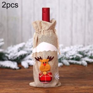 2 PCS Christmas Gift Wine Bottle Dust Cover Bag Home Table Decor (Burlap moose)