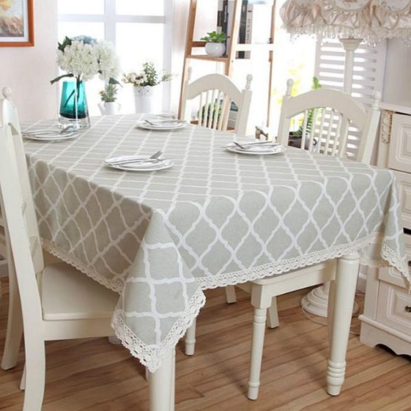 Cotton and Geometric Rhombus Gray LaceTablecloth, Size: 90x90cm (With Lace) - Image 2
