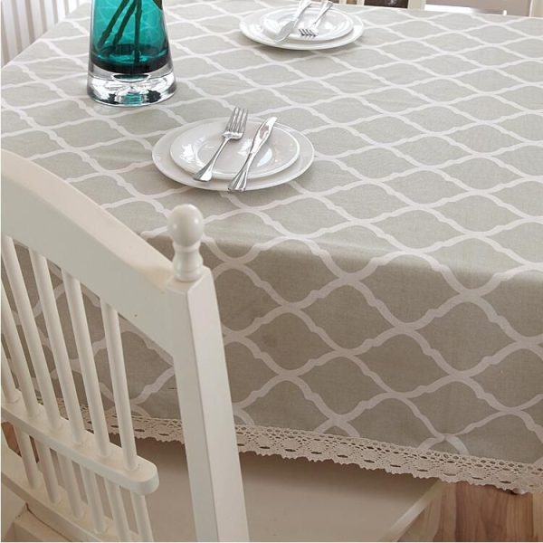 Cotton and Geometric Rhombus Gray LaceTablecloth, Size: 90x90cm (With Lace) - Image 4