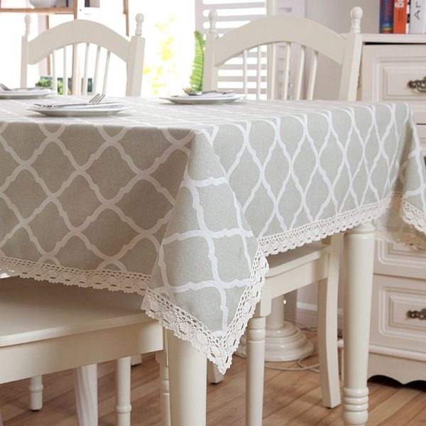 Cotton and Geometric Rhombus Gray LaceTablecloth, Size: 90x90cm (With Lace) - Image 5