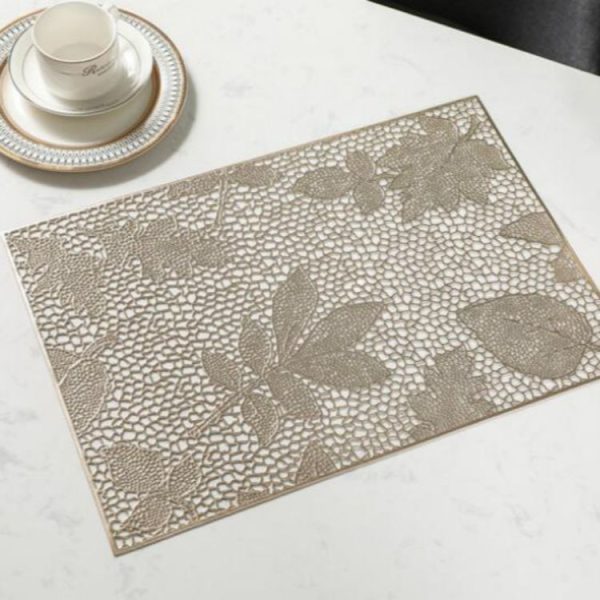 2 PCS Rectangle Plant Pattern Hollow Placemats PVC Table Mats Coffee Cup Pad (Gold)