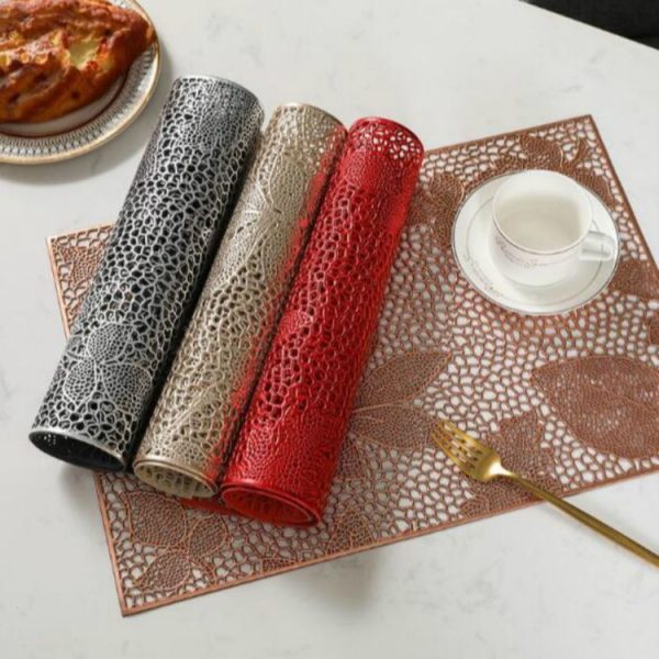 2 PCS Rectangle Plant Pattern Hollow Placemats PVC Table Mats Coffee Cup Pad (Gold) - Image 3