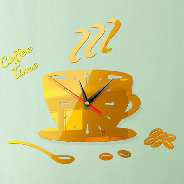 Home DIY 3D Stereo Decorative Fashion Coffee Wall Clock Acrylic Mirror Wall Sticker Coffee Clock (Deep Gold) - Image 2