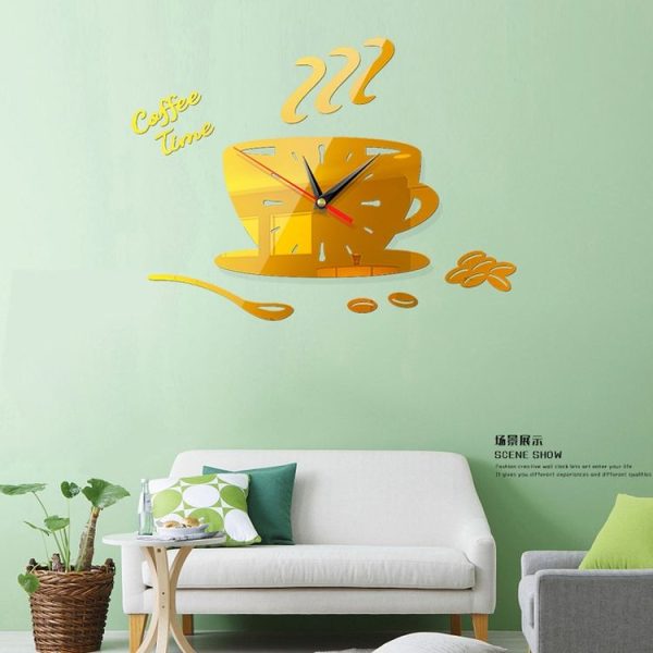 Home DIY 3D Stereo Decorative Fashion Coffee Wall Clock Acrylic Mirror Wall Sticker Coffee Clock (Deep Gold) - Image 3