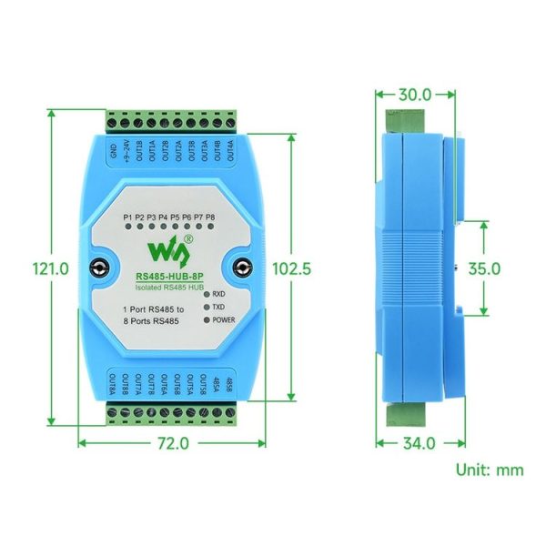 Waveshare RS485-HUB-8P Industrial-grade Isolated 8-ch RS485 Hub, Rail-mount Support, Wide Baud Rate Range - Image 2