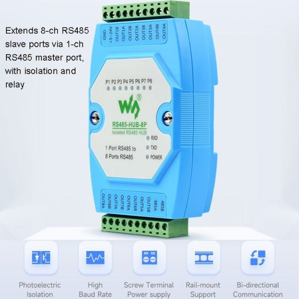 Waveshare RS485-HUB-8P Industrial-grade Isolated 8-ch RS485 Hub, Rail-mount Support, Wide Baud Rate Range - Image 4