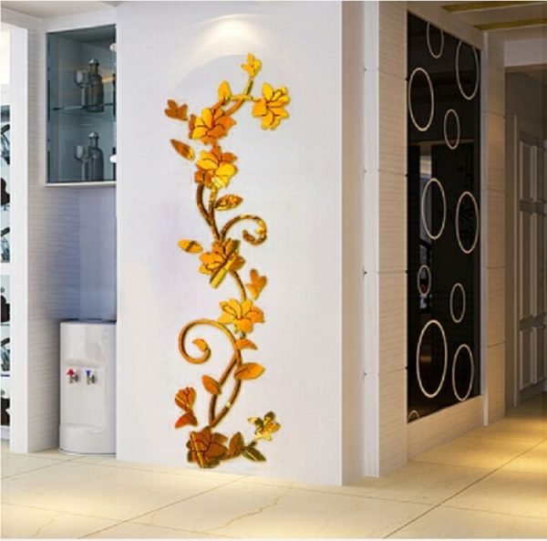3D Wall Stikcers Flower Shape Acrylic Fashionable Detachable Waterproof DIY Wall Stickers Home Decoration, Size: 100x30CM (Mirror Deep Gold Right) - Image 2