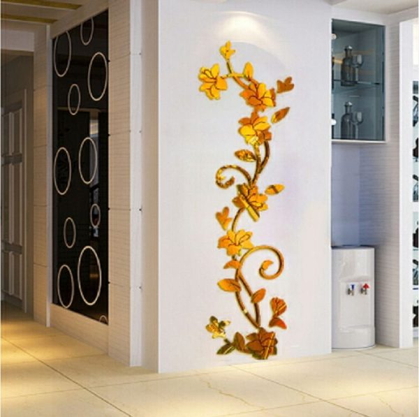 3D Wall Stikcers Flower Shape Acrylic Fashionable Detachable Waterproof DIY Wall Stickers Home Decoration, Size: 100x30CM (Mirror Deep Gold Right) - Image 3