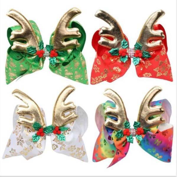 2 PCS Christmas Large Size Gold Antlers Diamonds Kids Bow Hairpin Baby Girl Tiara Hair Accessories (Red) - Image 3
