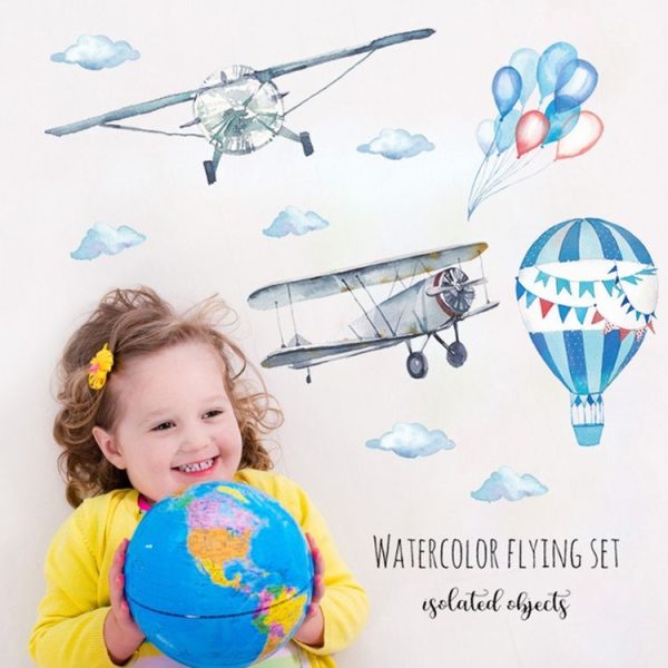 Baby Room Hand-Painted Watercolor Airplane Hot Air Balloon Children Room Living Room Porch Corner Home Decoration Sticker - Image 6