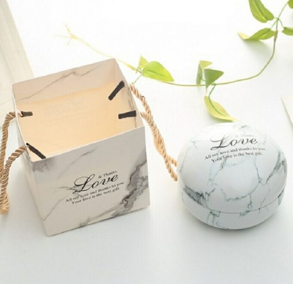 Romantic Valentine Day Candy Box Flat Round Candy Box Jewelry Gift Bird Box Tote Home Garden Festive Party Supplies, Color: White (marble)+ tote bag