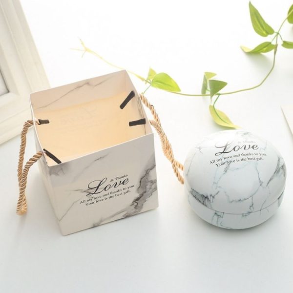 Romantic Valentine Day Candy Box Flat Round Candy Box Jewelry Gift Bird Box Tote Home Garden Festive Party Supplies, Color: White (marble)+ tote bag - Image 2