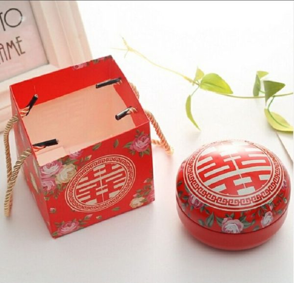Romantic Valentine Day Candy Box Flat Round Candy Box Jewelry Gift Bird Box Tote Home Garden Festive Party Supplies, Color: Red+tote bag