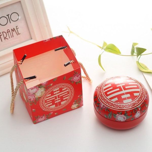 Romantic Valentine Day Candy Box Flat Round Candy Box Jewelry Gift Bird Box Tote Home Garden Festive Party Supplies, Color: Red+tote bag - Image 2