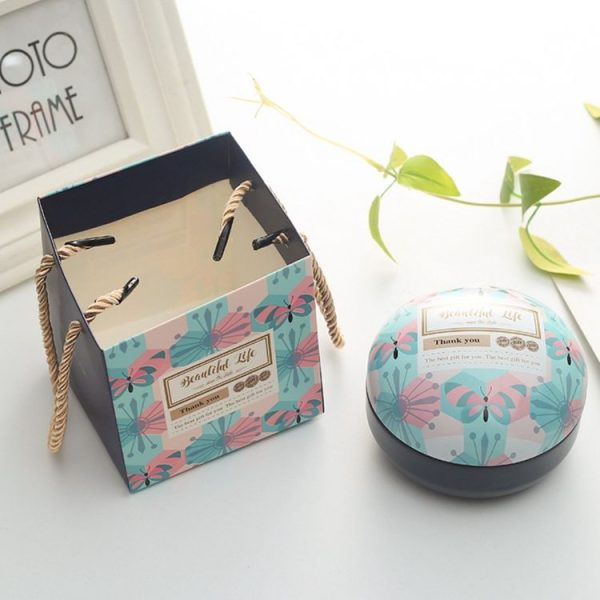 Romantic Valentine Day Candy Box Flat Round Candy Box Jewelry Gift Bird Box Tote Home Garden Festive Party Supplies, Color: Blue butterfly+ tote bag - Image 2