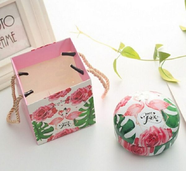Romantic Valentine Day Candy Box Flat Round Candy Box Jewelry Gift Bird Box Tote Home Garden Festive Party Supplies, Color: Flamingo+tote bag