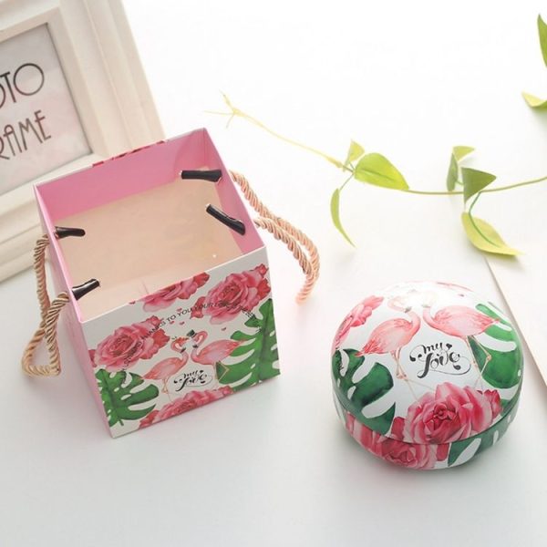 Romantic Valentine Day Candy Box Flat Round Candy Box Jewelry Gift Bird Box Tote Home Garden Festive Party Supplies, Color: Flamingo+tote bag - Image 2