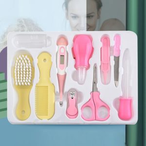 10 in 1 Kids Thermometer Feeding Nasal Manicure Clamp Nail Clipper Baby Care Kit (Yellow+Pink)