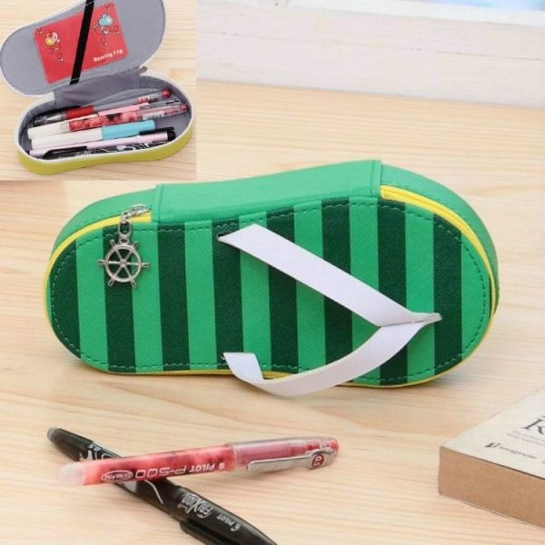 Cute Large-capacity Pencil Bag Slipper Style Pencil Case Makeup Storage Bag Green Stripe - Image 2