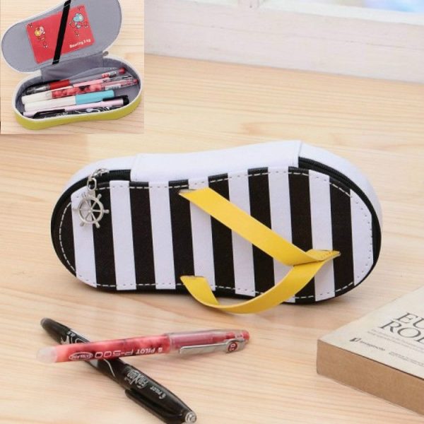 Cute Large-capacity Pencil Bag Slipper Style Pencil Case Makeup Storage Bag Black Stripe - Image 2