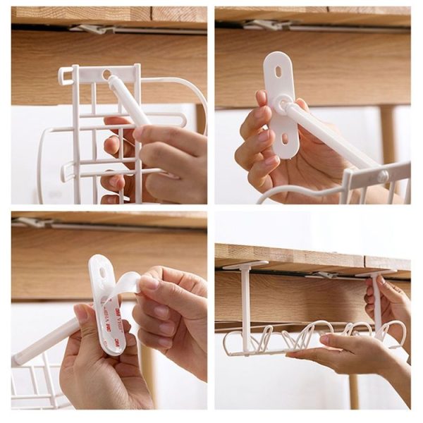 Cable Wire Rack Table Bottom Hanging Basket Shelf Organizing Plug-in Cable Board Storage Rack (White) - Image 9