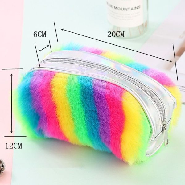 2 PCS Rainbow Color Plush Pencil Bag Student Large Capacity Stationery Storage Bag Ladies Makeup Clutch Bag (Rainbow Color) - Image 3