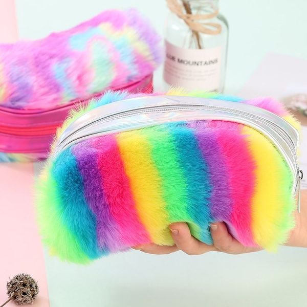 2 PCS Rainbow Color Plush Pencil Bag Student Large Capacity Stationery Storage Bag Ladies Makeup Clutch Bag (Rainbow Color) - Image 4