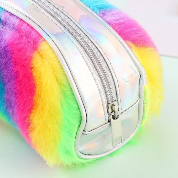 2 PCS Rainbow Color Plush Pencil Bag Student Large Capacity Stationery Storage Bag Ladies Makeup Clutch Bag (Rainbow Color) - Image 5