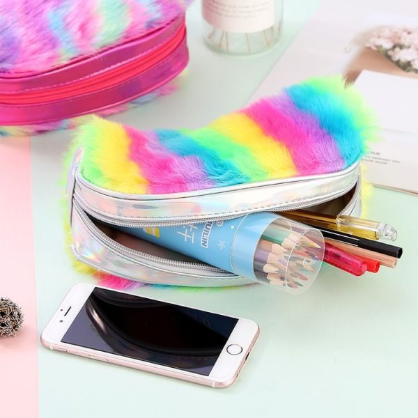 2 PCS Rainbow Color Plush Pencil Bag Student Large Capacity Stationery Storage Bag Ladies Makeup Clutch Bag (Rainbow Color) - Image 6