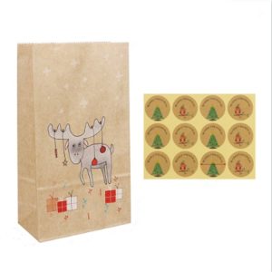 12 Sets Christmas Kraft Paper Bag and Stickers Set Gift Candy Food Cookies Packing Paper Bags (Moose)