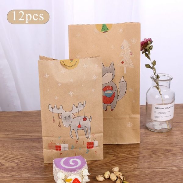12 Sets Christmas Kraft Paper Bag and Stickers Set Gift Candy Food Cookies Packing Paper Bags (Moose) - Image 6