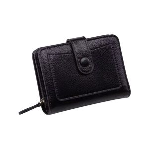 Women Short Litchi Texture Multi-card Buckle Wallet (Black)