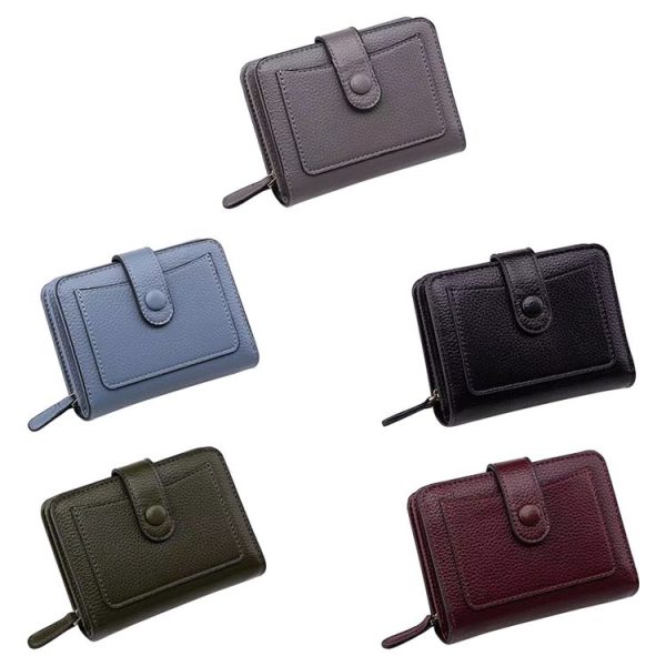 Women Short Litchi Texture Multi-card Buckle Wallet (Black) - Image 2